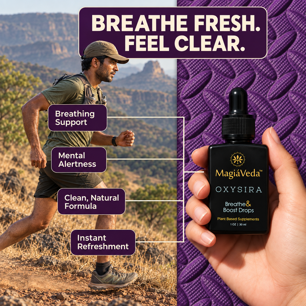 Trail runner beside a hand holding OXYSIRA, with callouts for breathing support, mental alertness, natural formula and refreshment.