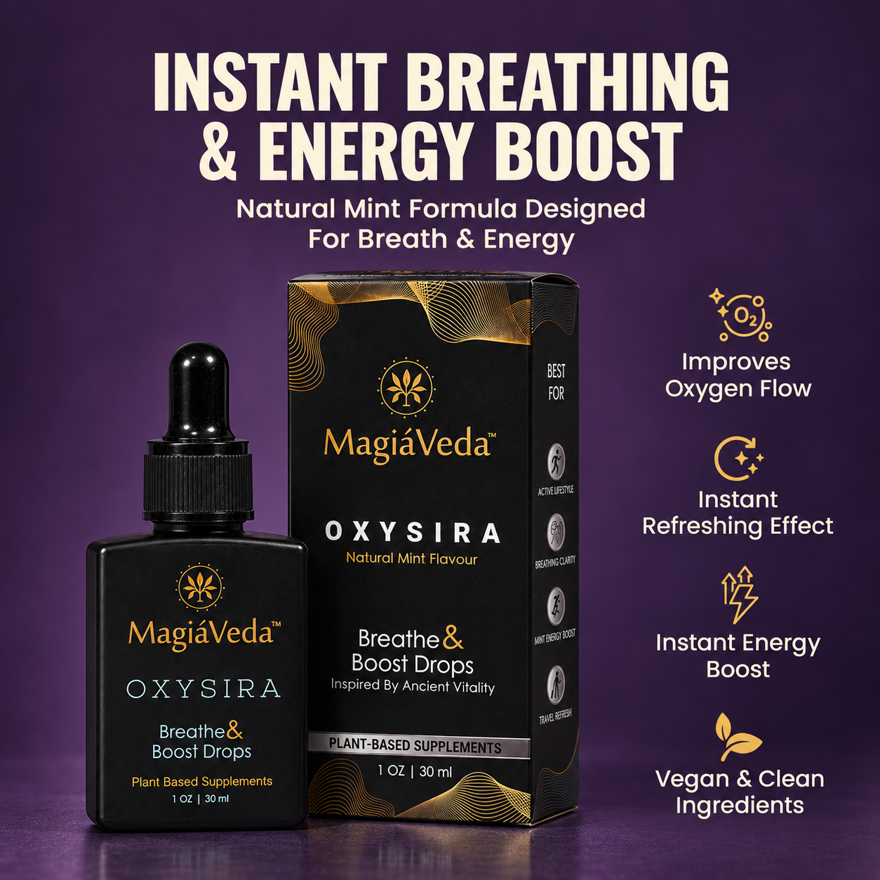 MagiáVeda OXYSIRA 30 ml bottle and box with callouts for focus and clarity, vegan formula, oxygen uptake and stress reduction.