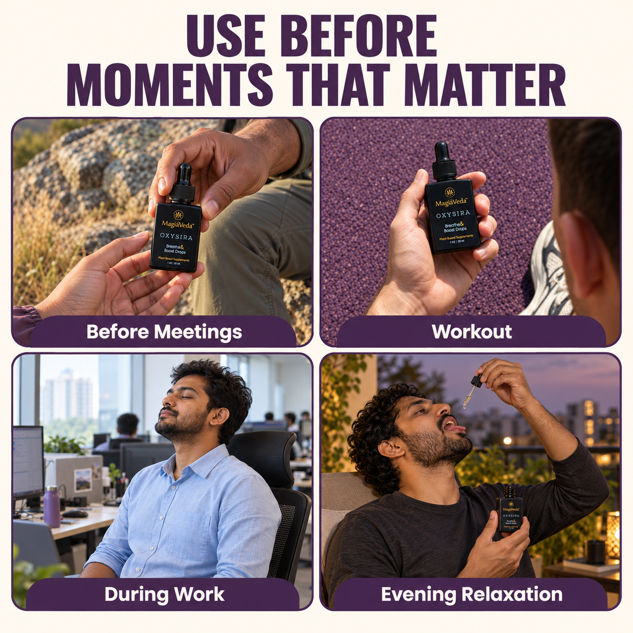 Four OXYSIRA lifestyle scenes labelled Before Meetings, Workout, During Work and Evening Relaxation.
