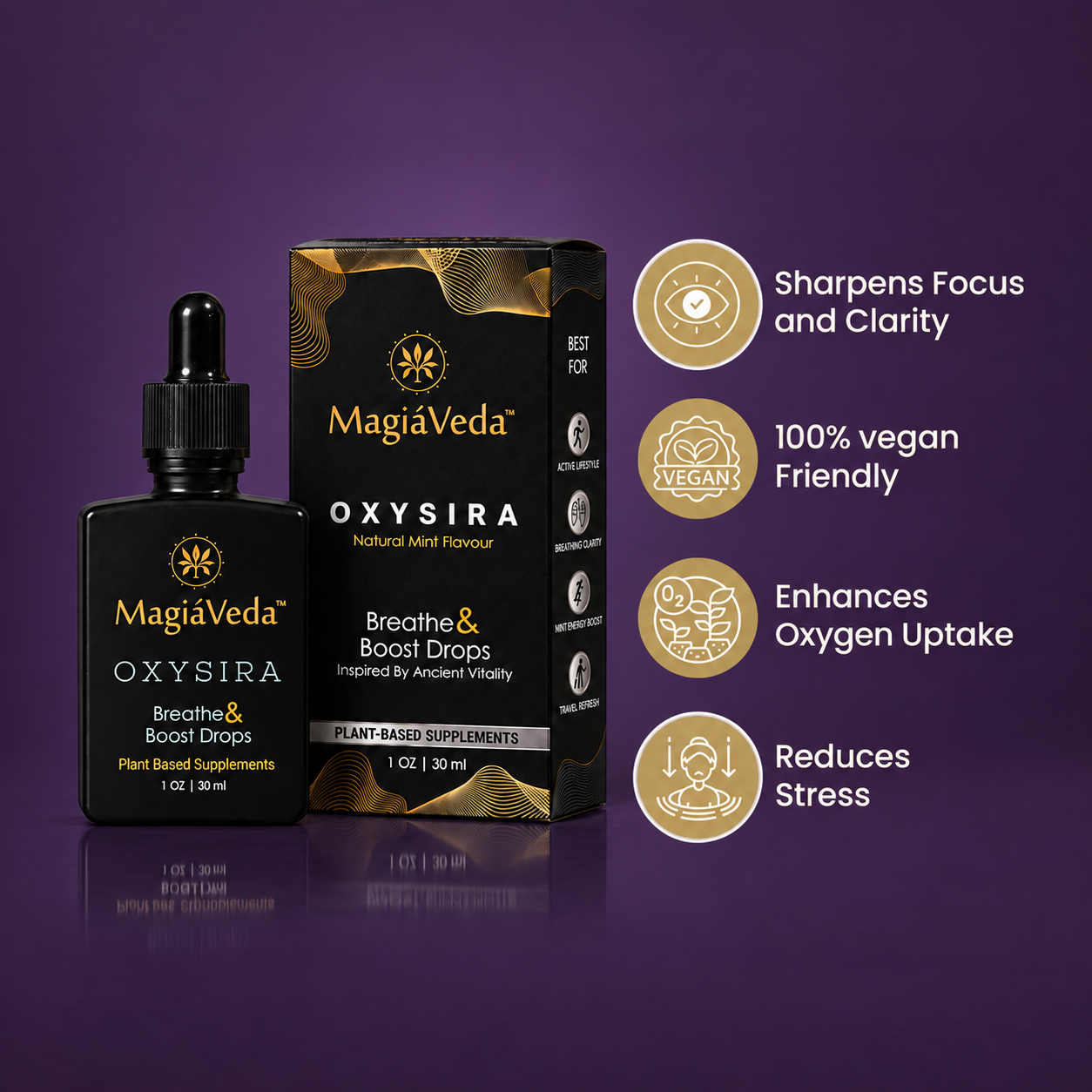 OXYSIRA bottle and box beside callouts claiming sharper focus, vegan suitability, enhanced oxygen uptake and reduced stress.